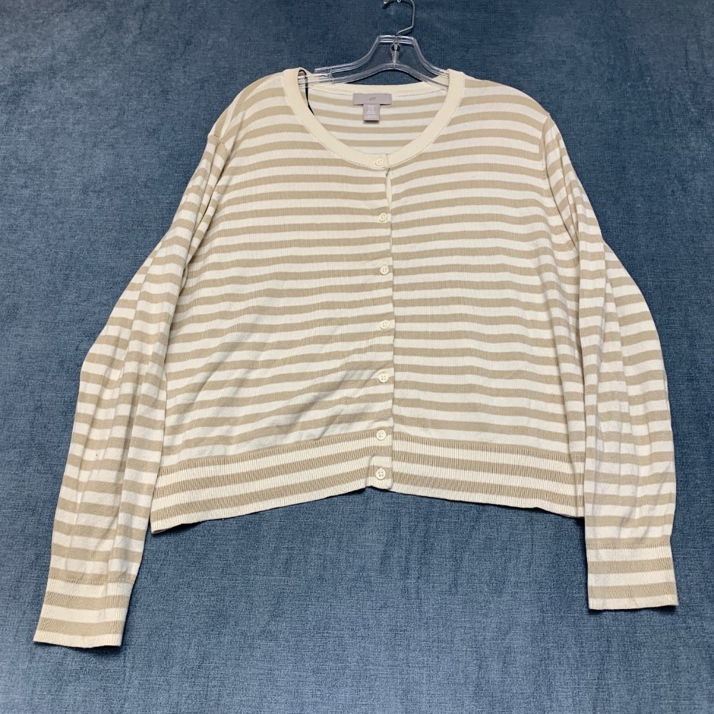 H&M Cardigan Sweater Womens 2XL Beige Striped Ribbed Knit Button Front Winter
